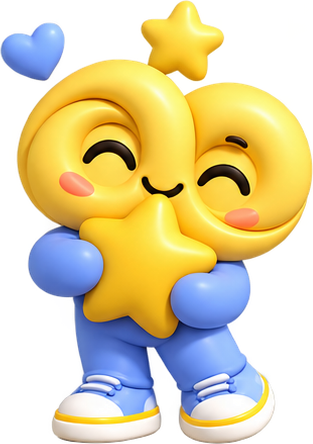 The Rookim mascot, a yellow infinity character in a blue outfit, hugging a star
