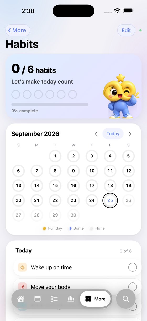 Habits screen with daily habits and a monthly calendar