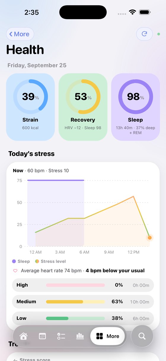 Health screen with strain, recovery and sleep rings