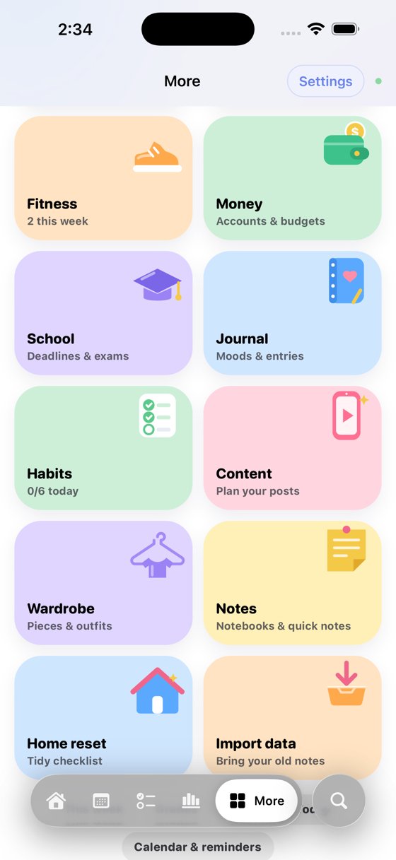 The More page with colourful tiles for every module