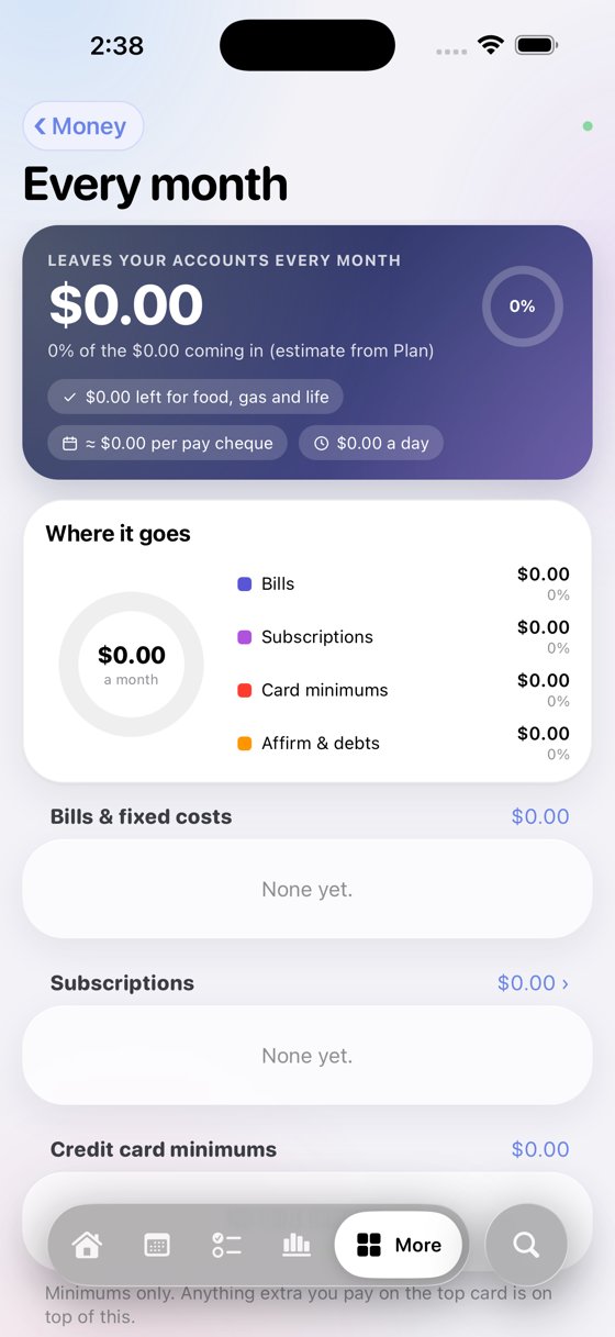 Money screen showing monthly bills, subscriptions and where money goes
